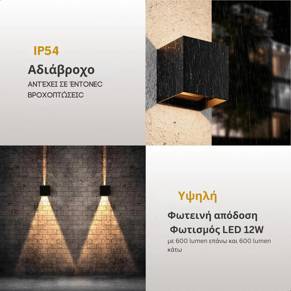 Φωτιστικό τοίχου εσωτερικού και εξωτερικού χώρου – 12 watt – 10×10×10 εκ. – 2700K – τροφοδοσία ρεύματος – μαύρο